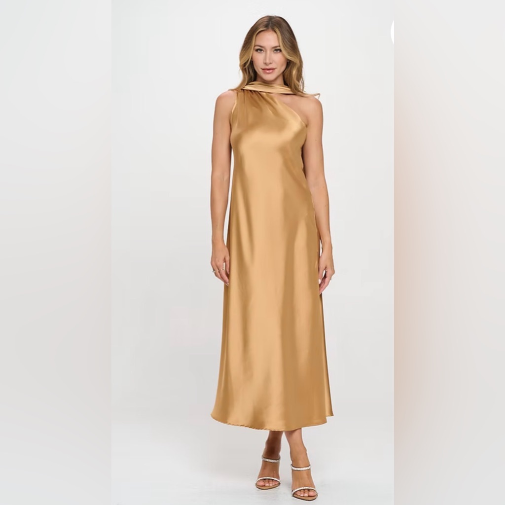 Renee C Gold Satin One Shoulder Scarf Midi Dress Wedding Guest Gala | Size L